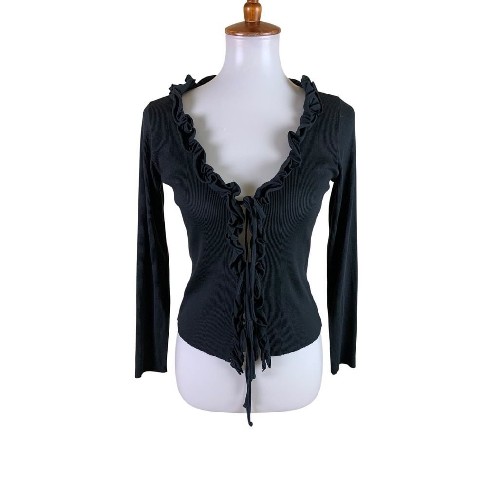 Nation LTD Medium Black Ribbed Ruffle‎ Tie Front Long Sleeve Cardigan - Picture 2 of 5